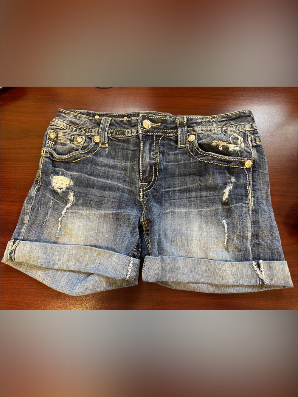 Miss Me Distressed Denim Roll-Cuff Shorts in Blue